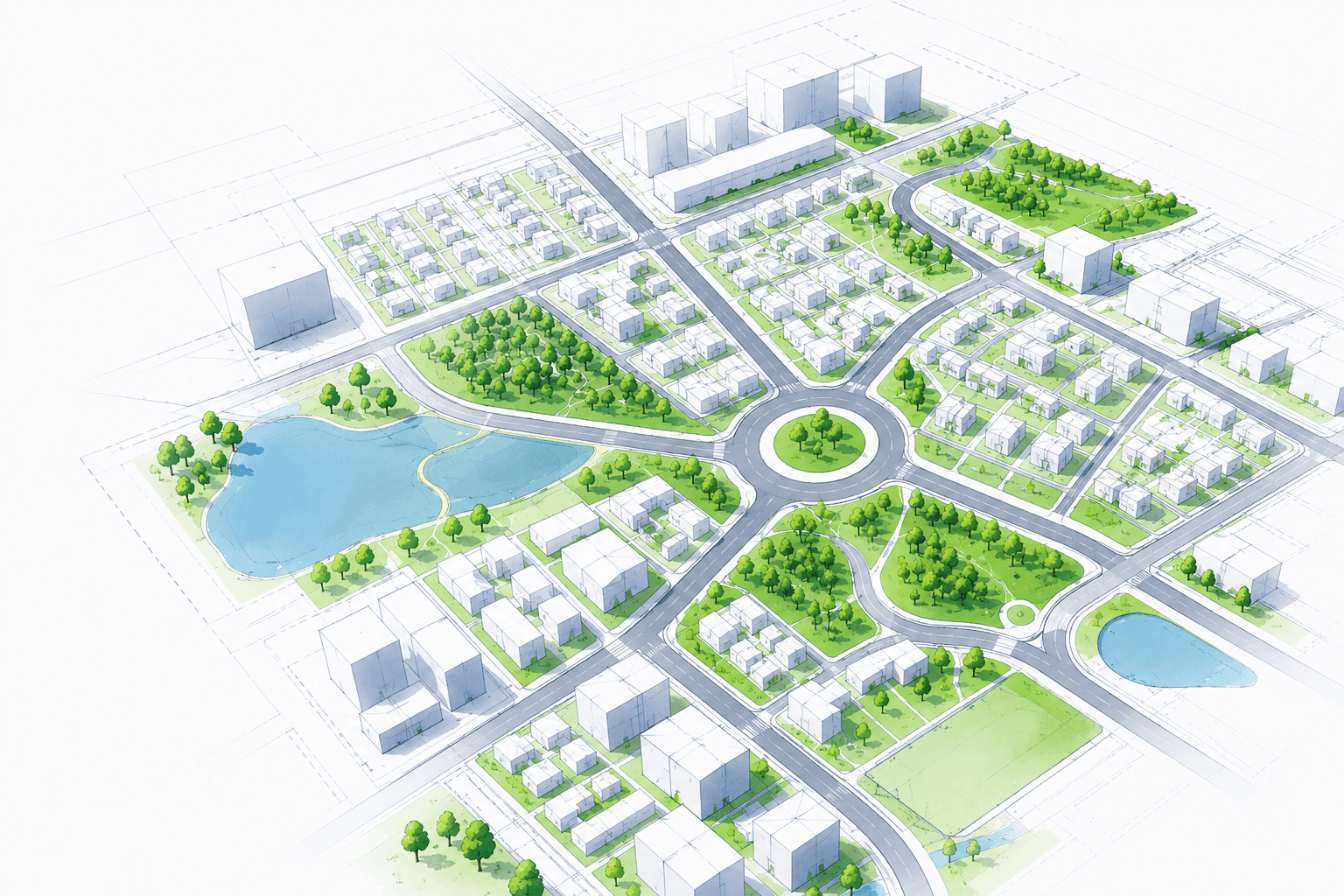 Aerial illustration of a planned neighborhood with roads, lots, parks and water features